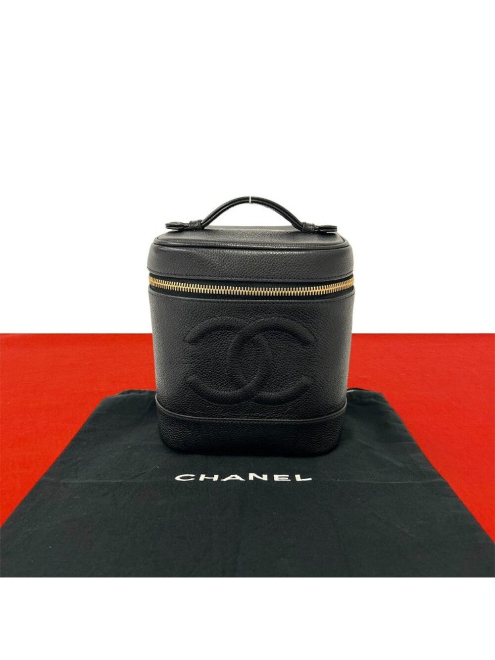 Chanel CC Logo Caviar Leather Handbag Vanity Bag Black